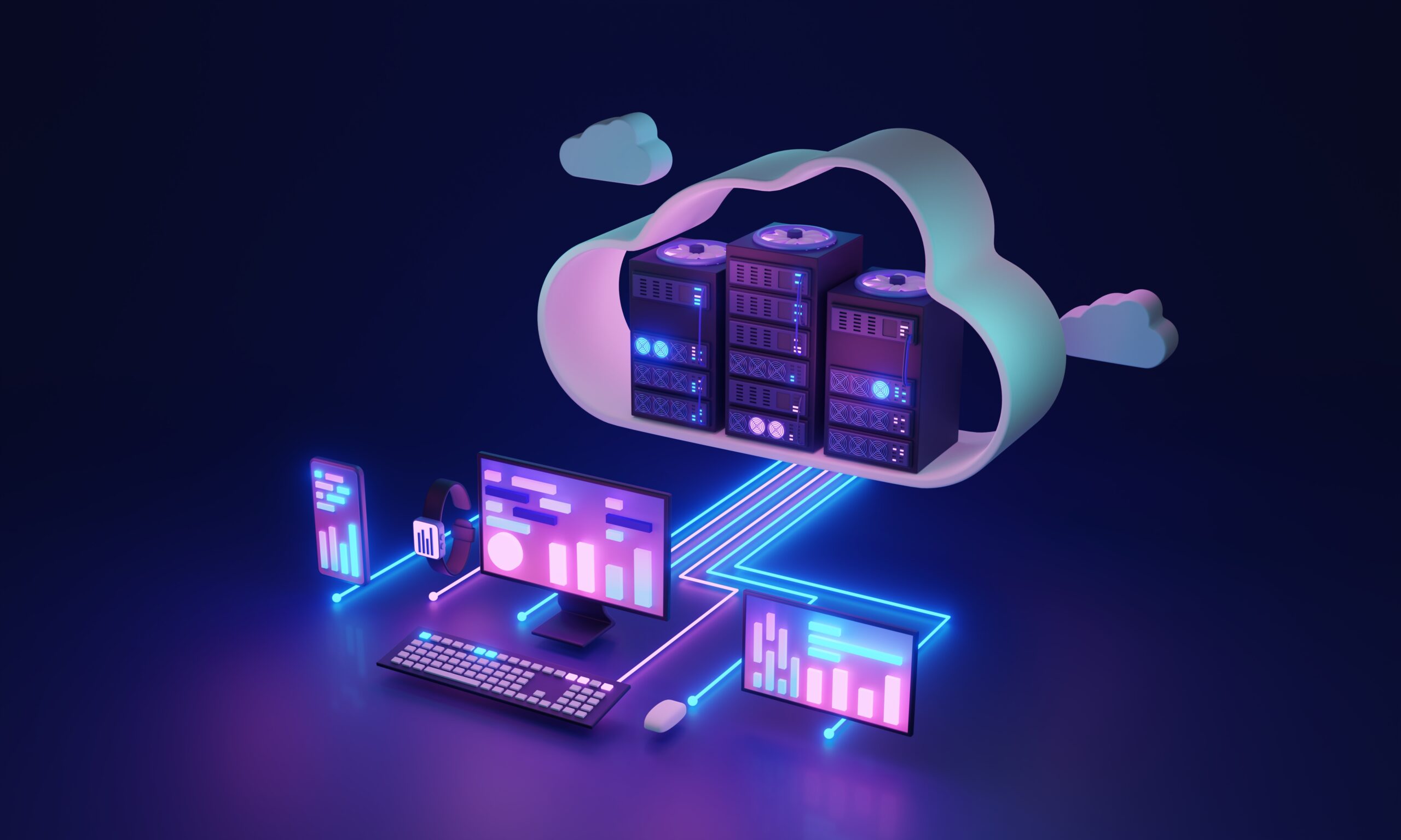 3D illustratie van cloud hosting met servers in een wolkvorm en verbonden apparaten zoals een computer, smartphone en tablet, als visuele uitleg bij het onderwerp ‘Wat is hosting’.